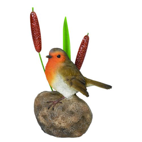 Vivid Arts Robin on Stone/Bulrush BG-BT04-F This Robin is apart of the garden friends collection from vivid arts. This beautiful robin is sitting proudly on a stone with a metal bulrush behind. The colour and the way the bird is made gives it amazing and realistic details making  it look very life like. Key Features: Height: 20cm Suitable for indoor/outdoor use. UV protected Made from resin Click here for more garden friends:  Vivid Arts,